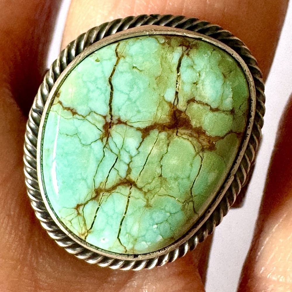 Navajo #8 Mine Turquoise Ring Sz 7 Hand Stamped Band Skeets Sterling